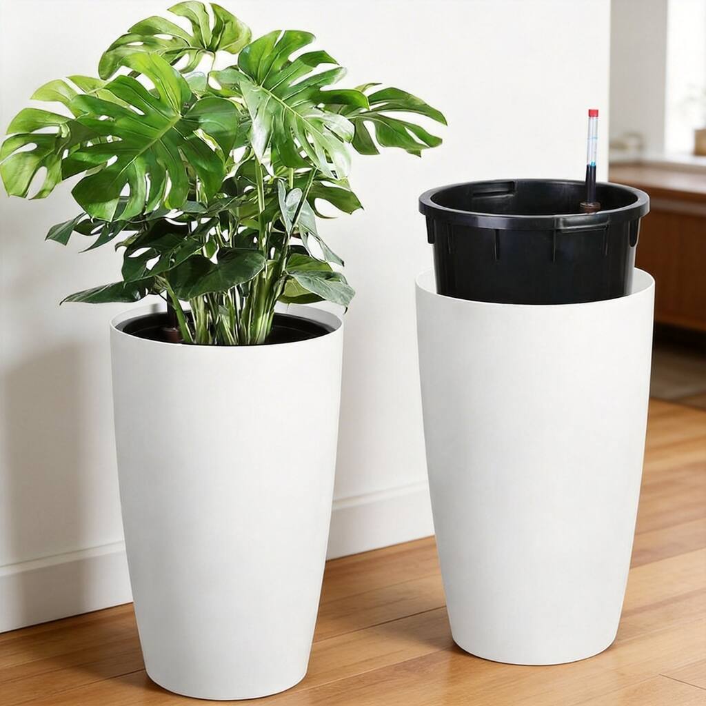 Set of 2 22-in Tall Self-Watering Planters with Water Level Monitor and Inner Bucket for Outdoor Patio Porch and Backyard White