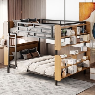 Full Over Full Metal Bunk Bed with Ladder & Storage Shelves, No Box Spring, Black
