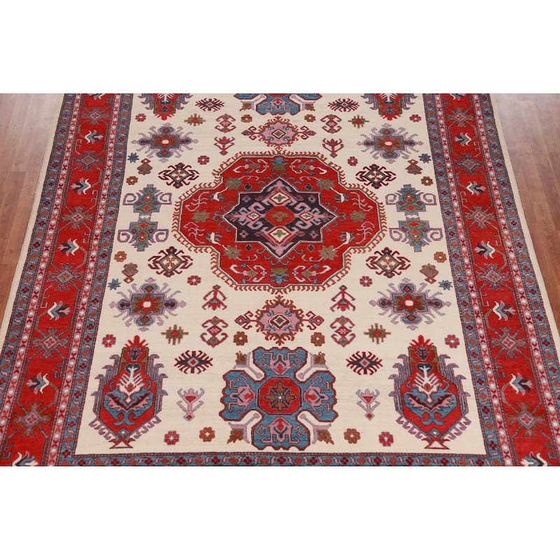 Hand Knotted Oriental 100% Wool Carpet Traditional Medallion Beige & Ivories Kazak Area Rug - 11' 7'' X 8' 7''