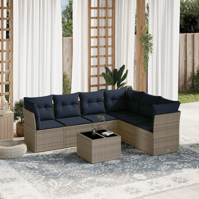 vidaXL 6/7 Piece Patio Sofa Set with Cushions Brown/Gray Poly Rattan - 21.7 x 24.4 x 27.2 - Beige and gray With table