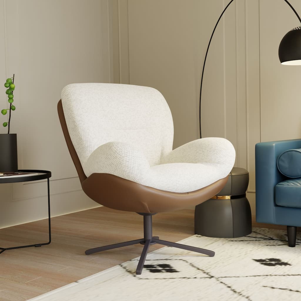 Chenille & Faux Leather Swivel Accent Chair,Comfy 360°Swiveling Lounge Chair with Black Metal Base