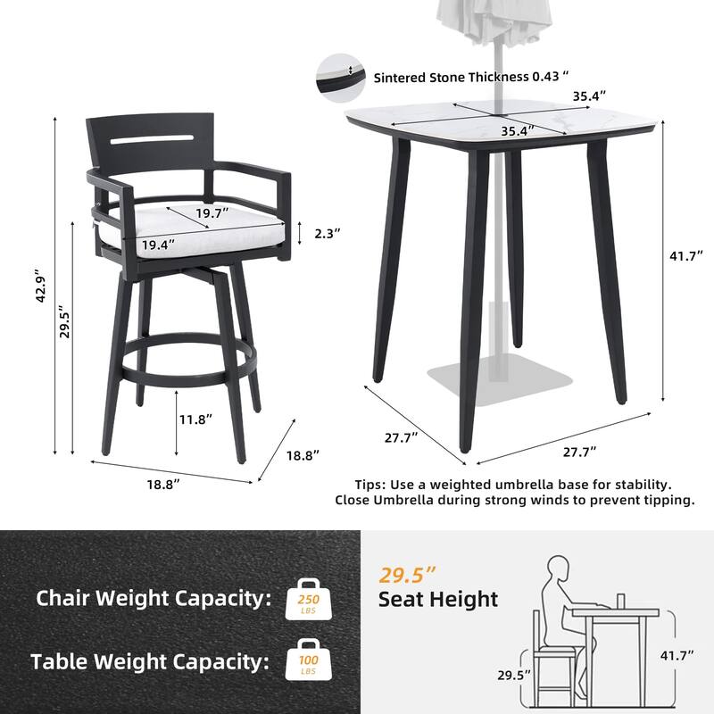 5-Piece Outdoor Aluminum Bar Set with Swivel Chairs, Sunbrella Cushion
