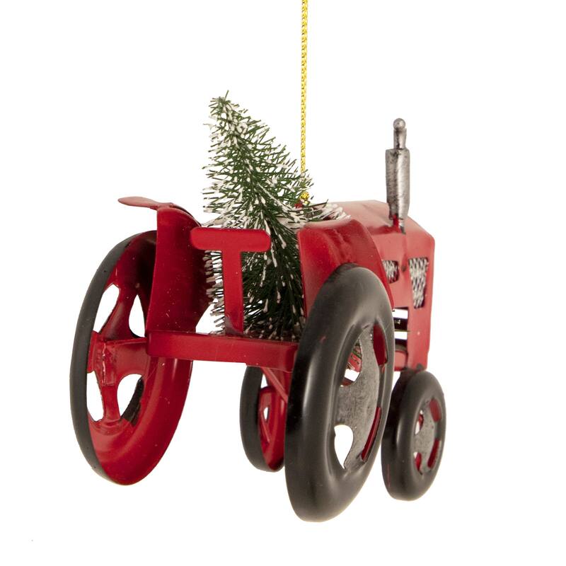 Metal Tractor with Frosted Tree Christmas Ornament - 3" - Red and Silver