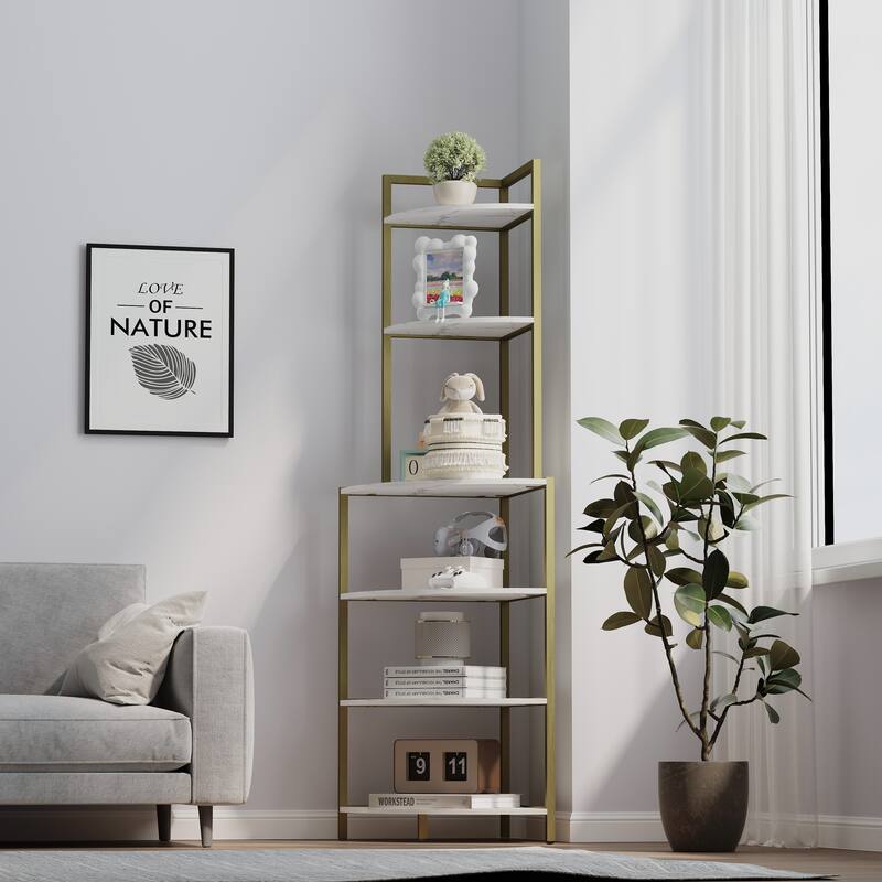 6-Tier Corner Open Shelf Bookcase Wood Rack Freestanding Shelving Unit,Plant Album Trinket Sturdy Stand Small Bookshelf