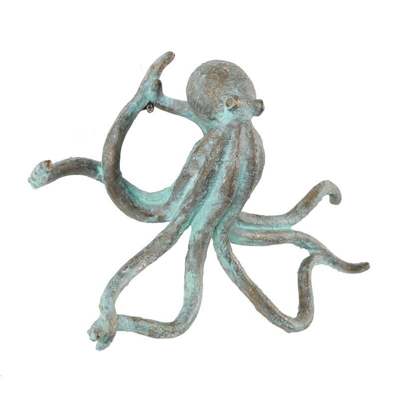 Blue Polystone Distressed Patina Octopus Decorative Sculpture with Gold Foil Accents