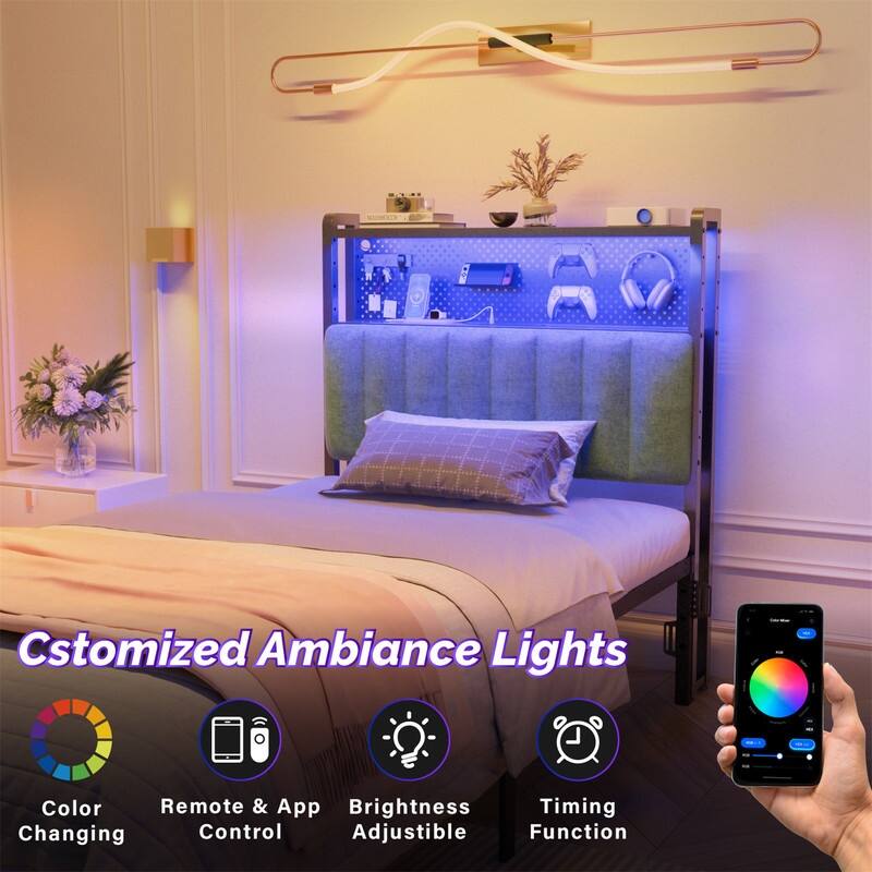 Adjustable Upholstered Headboard with 2 Tier Shelves with Charging Stations and LED Lights, Modern Bed Headboard with Storage