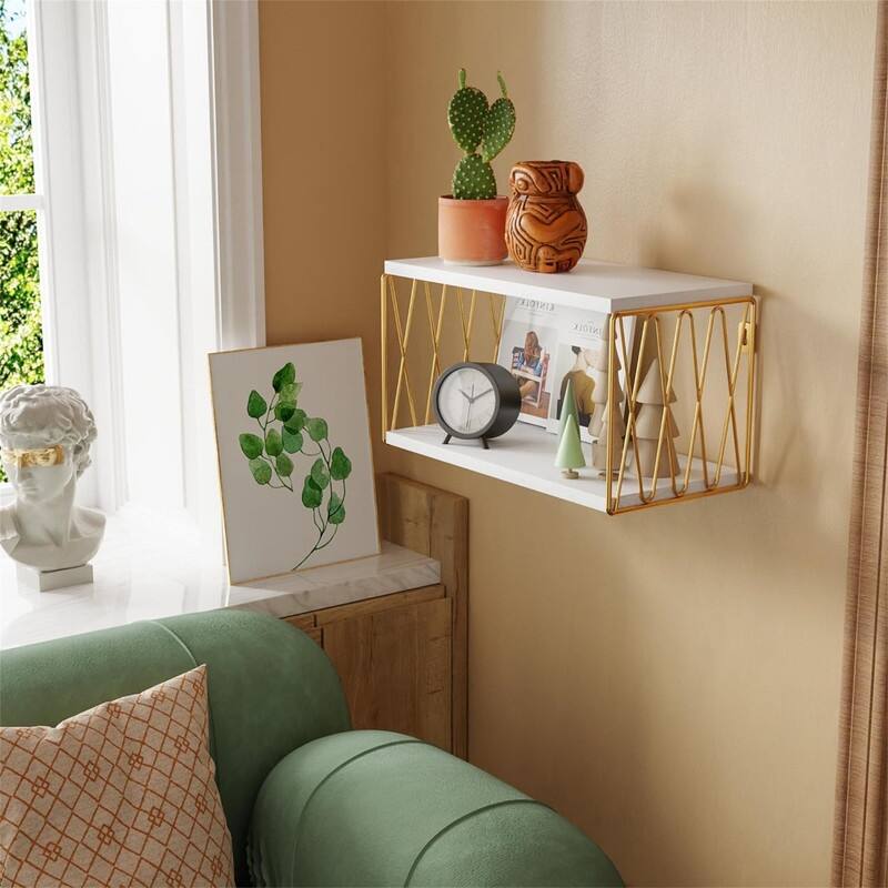 White and Gold Bedside Wall Shelves for Bedroom - 8"D x 16"W x 8.5"H