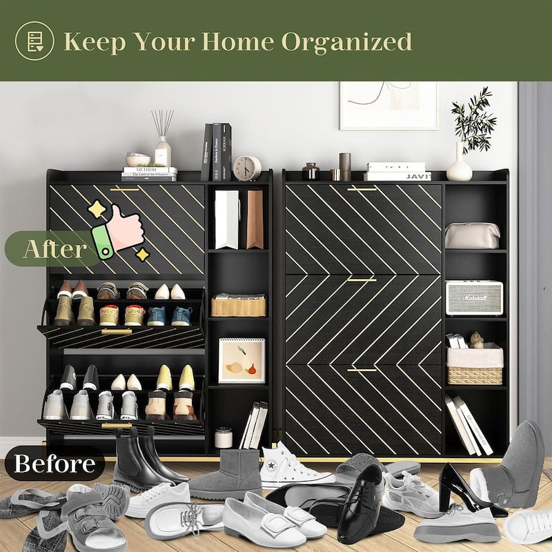 35.43" Shoe Organizer with Open Shelves with 3 Flip Drawers