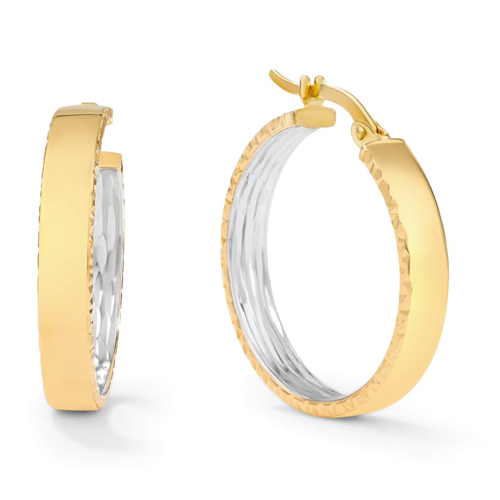 Clover 14K Two-Tone High-Polish & Diamond-Cut Hoop Earrings