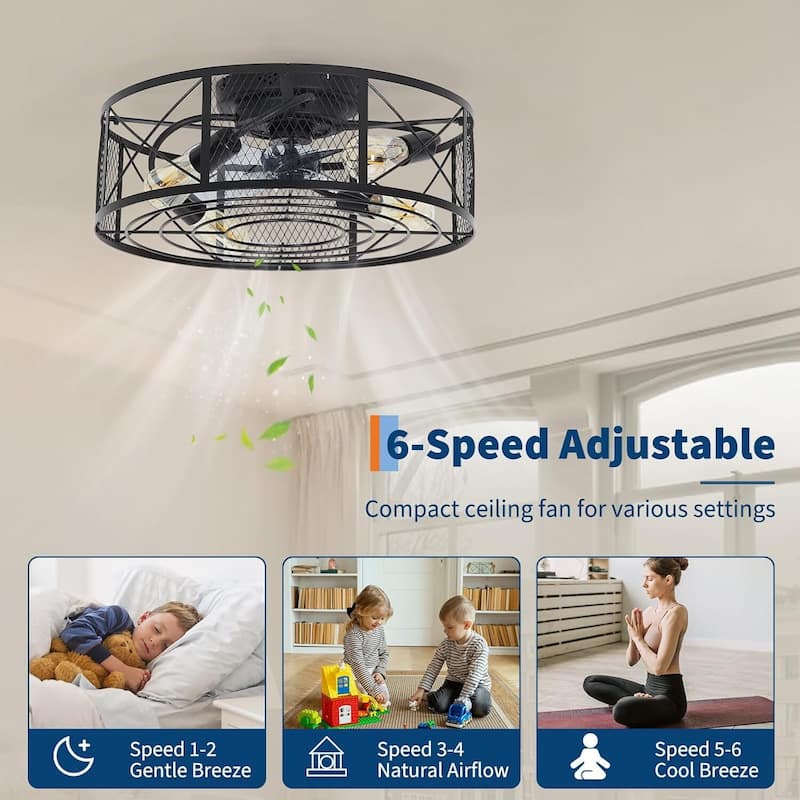20″ 6-Speed Boho Fandelier Caged Ceiling Fan with Light, Bladeless Flush Mount Fan Lights for Bedroom