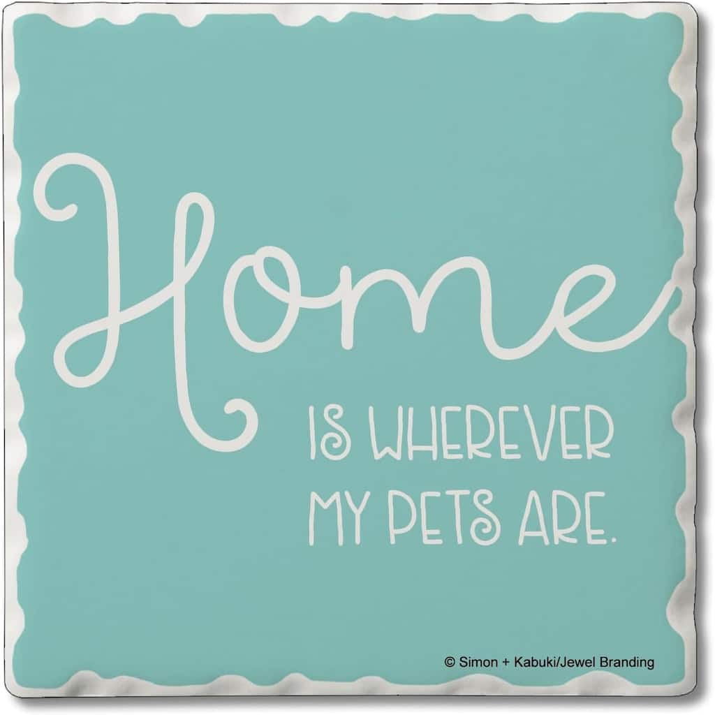 Home Where Pets are 4 Pack Single Absorbent Stone Coaster with Protective Cork Backing Made in The USA 4" Square, Wipes Clean