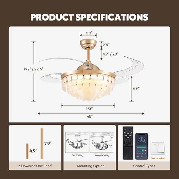 48" Smart Gold Retractable Ceiling Fan with LED Light&Shell Crystal Shade - 48''