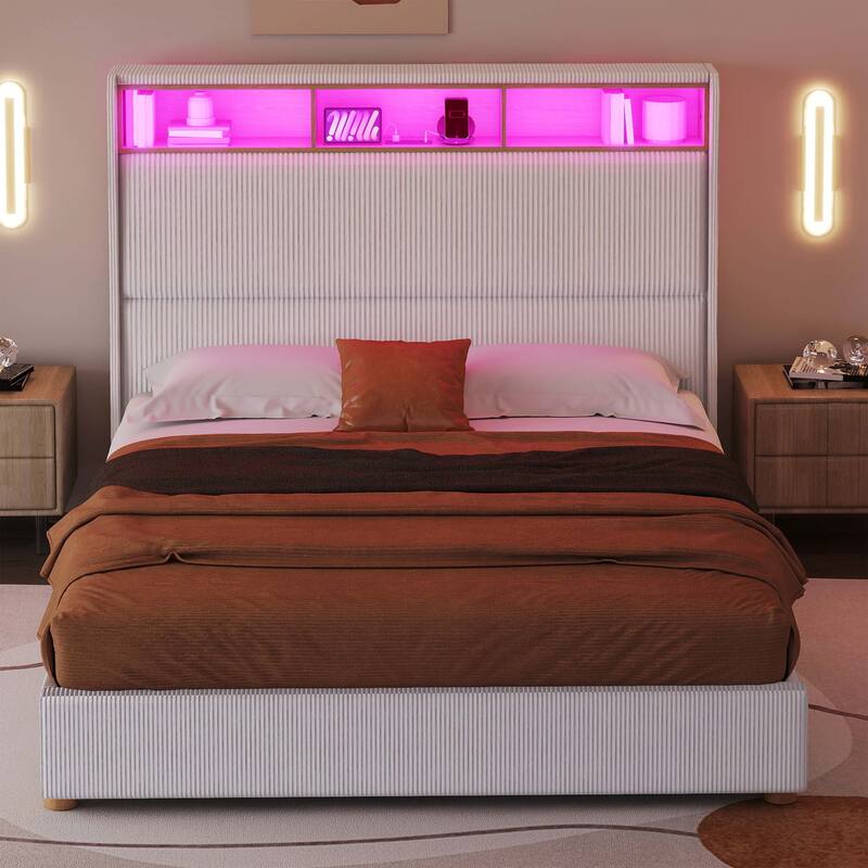Moasis Corduroy Upholstered Platform Bed Frame with Charging Station and RGB LED Lights