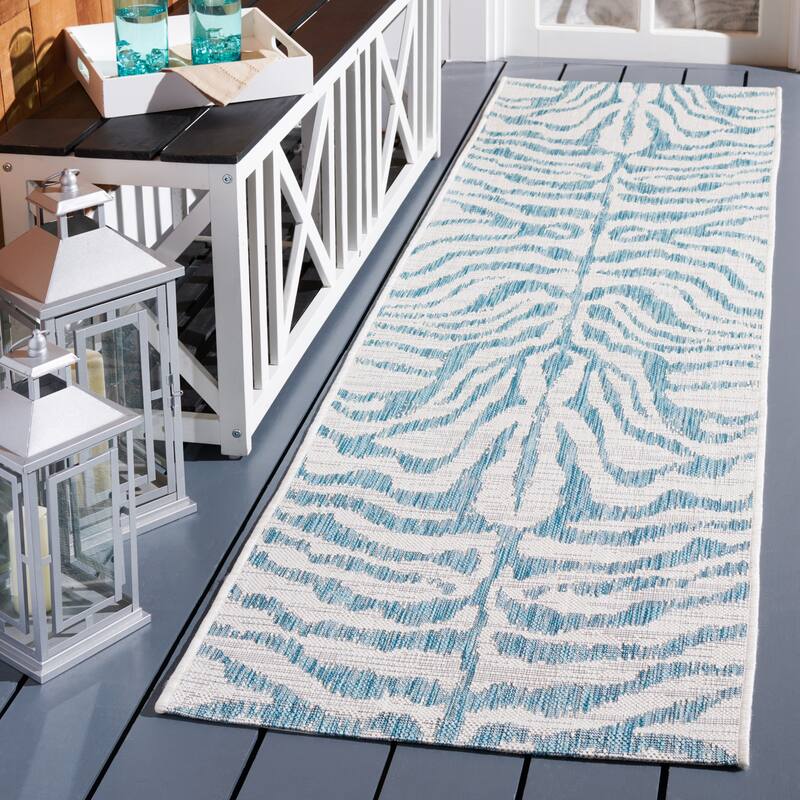 SAFAVIEH Courtyard Kalyonka Indoor/ Outdoor Waterproof Patio Backyard Rug - 2'3" x 8' Runner - Ivory/Aqua