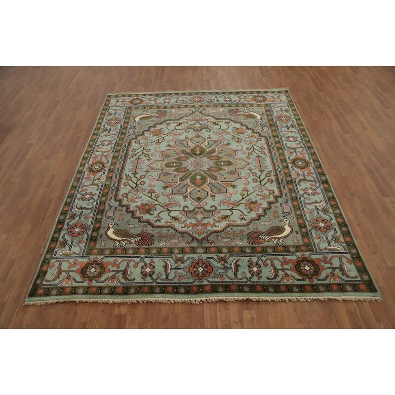 Hand Knotted Oriental 100% Wool Carpet Transitional Floral Navy Blue & Blues Oushak Area Rug - 9' 9'' X 7' 11''