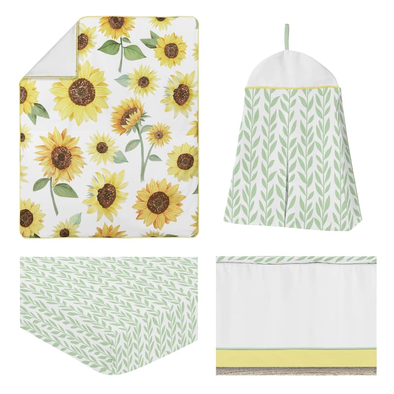 Sweet Jojo Designs Yellow Green and White Boho Floral Sunflower Girl 4-pc Nursery Crib Bedding Set - Farmhouse Watercolor Flower