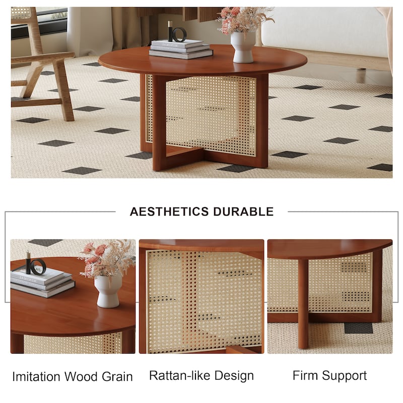 Wooden Coffee Table with Rattan Decorative Legs, Round Center Table, Rattan Snack Table Living Room End Table