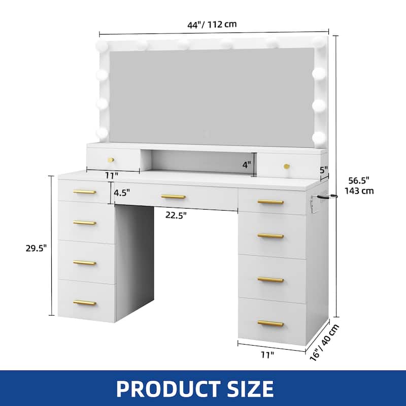 Moasis Large White Vanity Desk with 11 Drawers Mirror Lights USB and Type C Ports for Bedroom