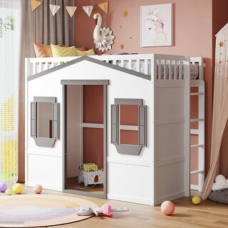 Twin Size Loft Bed with Ladder and Solid Pine Wood Frame