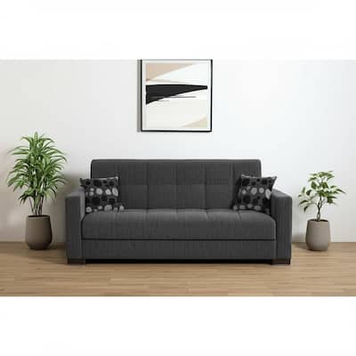HomeRoots 87" Dark Gray Chenille Convertible Futon Sleeper Sofa And Toss Pillows With Storage