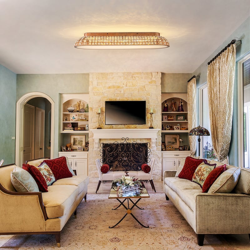 Retro French 38.6" W Antique Brass Linear Rectangle Crystal LED Flush Mount Ceiling Light