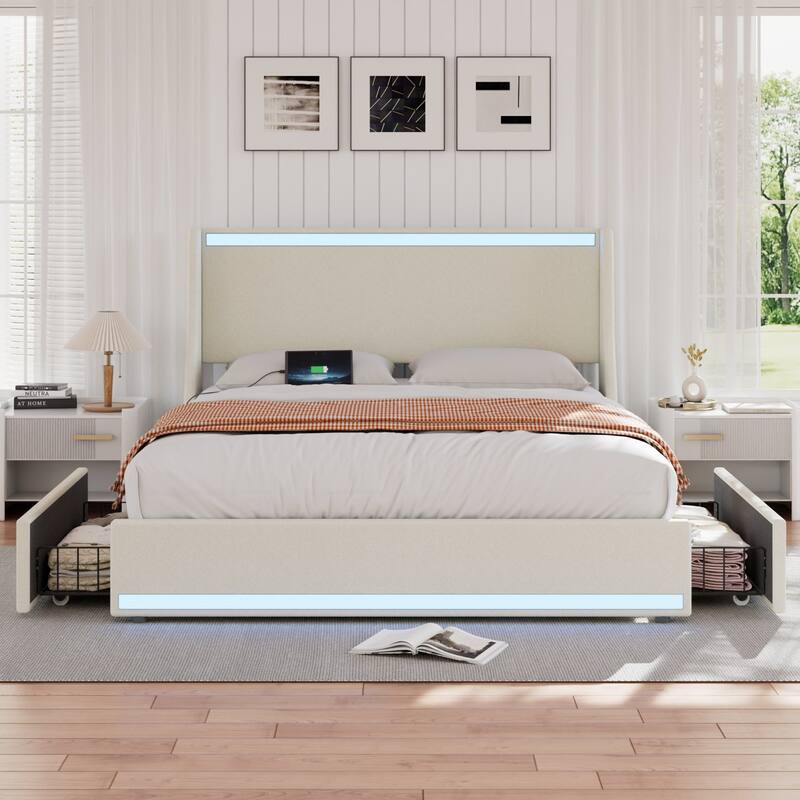 Upholstered LED Bed Frame with 2 Storage Drawers and Wingback Headboard Linen Fabric Platform Bed with Charing Station