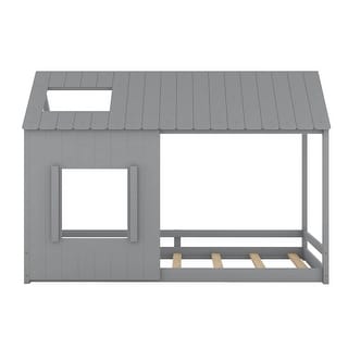 Twin House Bed with Roof & Window - Whimsical Pine Wood Design for Kids