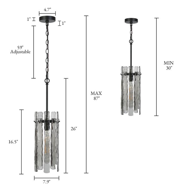 Modern 1-Light Black Cylinder Pendant Light Texture Glass Island Light - D 7.9" x H 16.5"