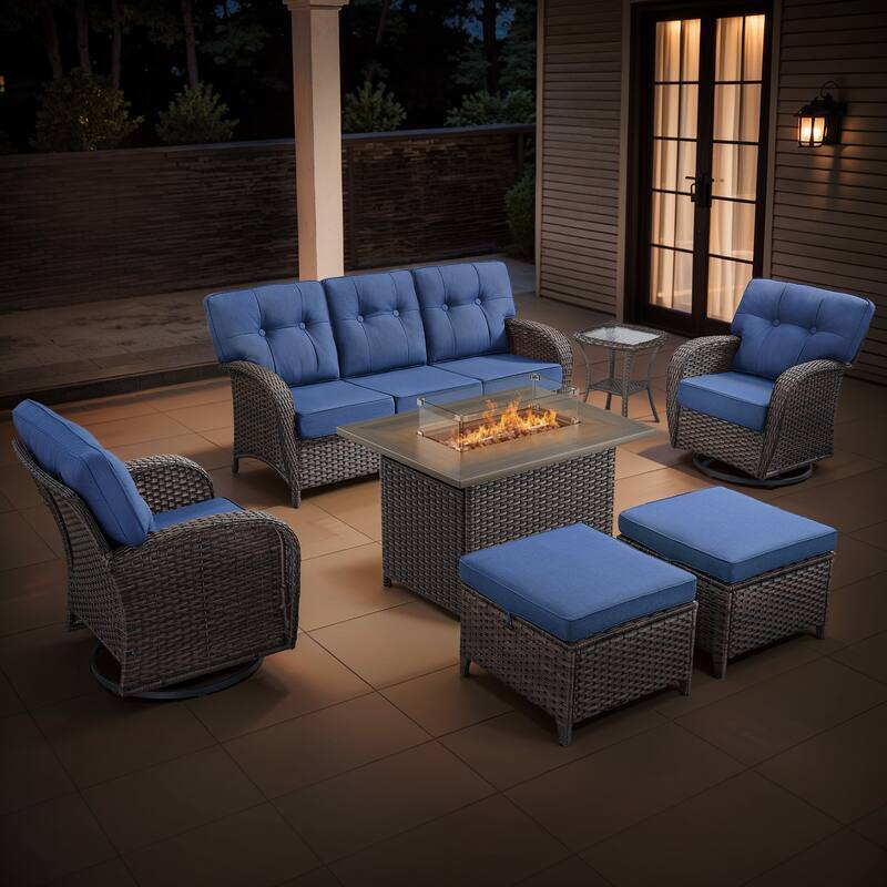 Gymojoy Outdoor Wicker Patio Furniture Sofa Set with 55,000 BTU Fire Pit Table, Swivel Chairs, Ottomans & Side Tables