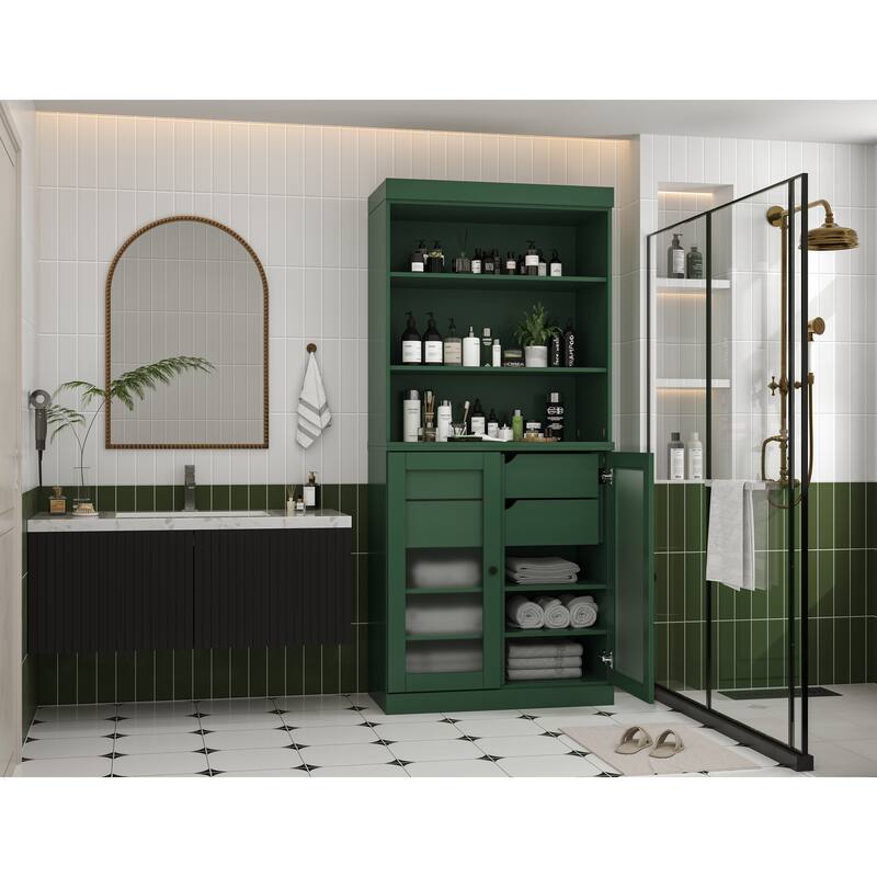 100% Solid Wood 32" Bathroom Cabinet with Optional Doors, 2-Drawers by Palace Imports - Green - 2 Frosted Glass Doors