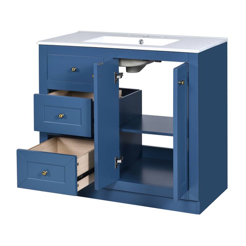 36" Modern Bathroom Vanity with Ceramic Sink, 2 Drawers & Shelf Storage Cabinet, Blue MDF & Solid Wood