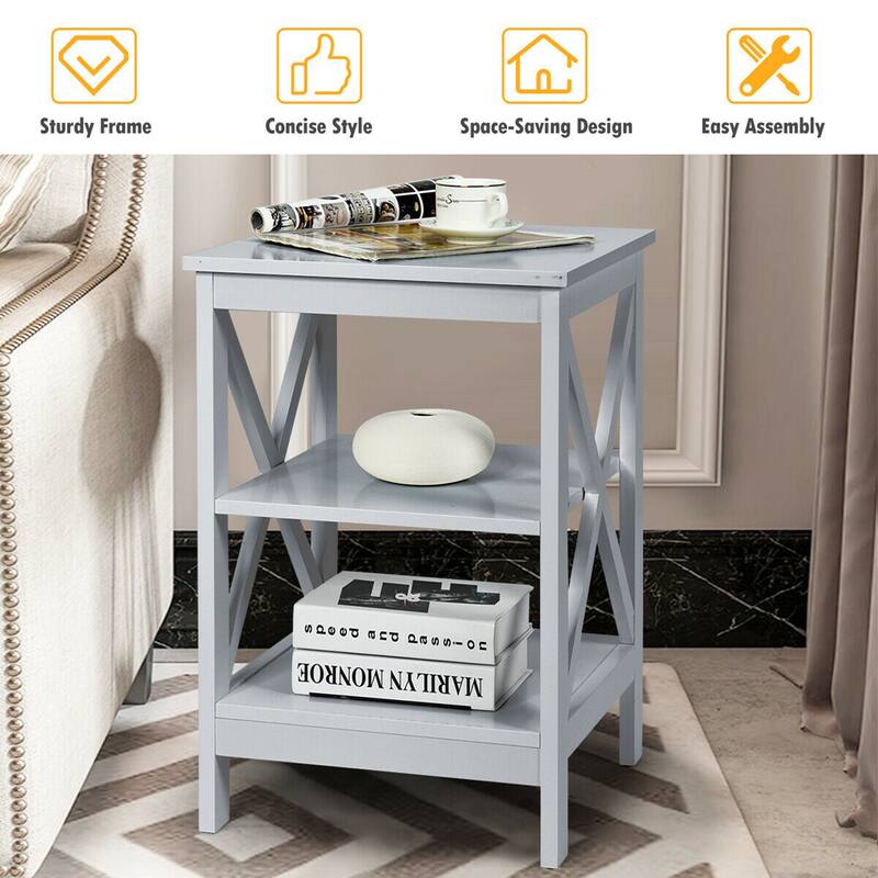 Gymax 3-Tier Nightstand End Table X Design Storage Display Shelf