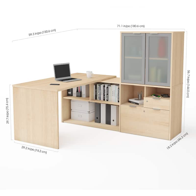 Bestar i3 Plus L-Desk with Frosted Glass Door Hutch