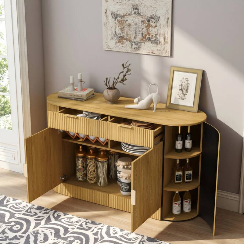 Striped 2 Doors & 2 DrawersConsole Table, Multifunctional Console StorageTable with Curved Side Door & 3-Tier Shelves