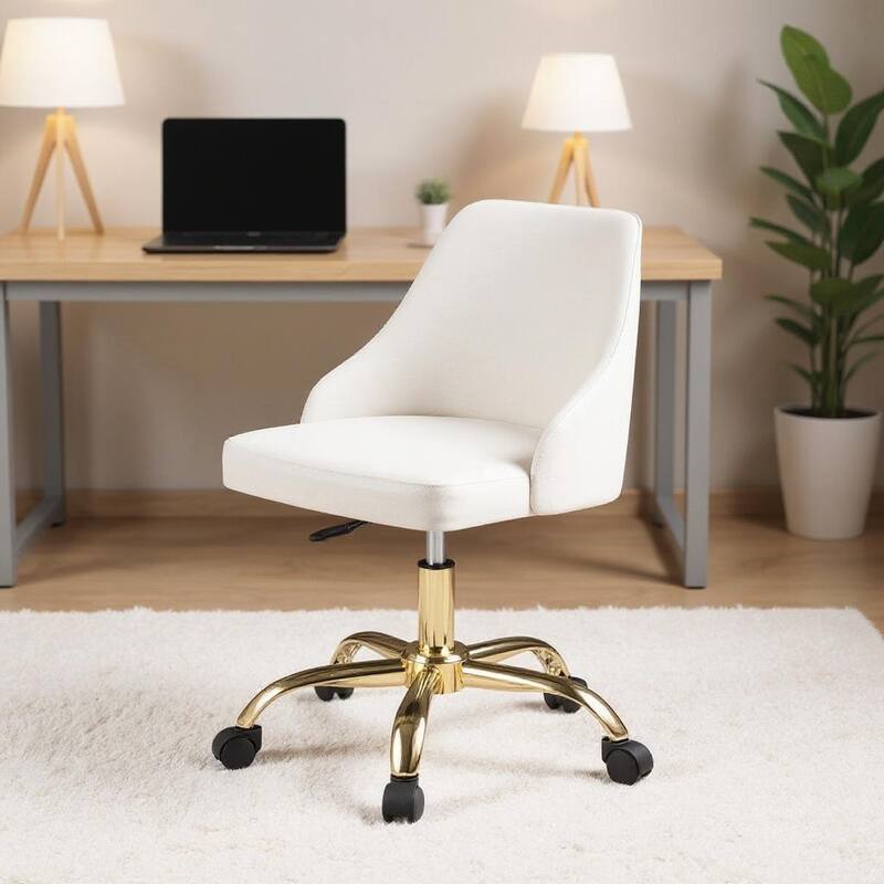 White and Gold Faux Leather Adjustable Height Swivel Rolling Office Chair - White
