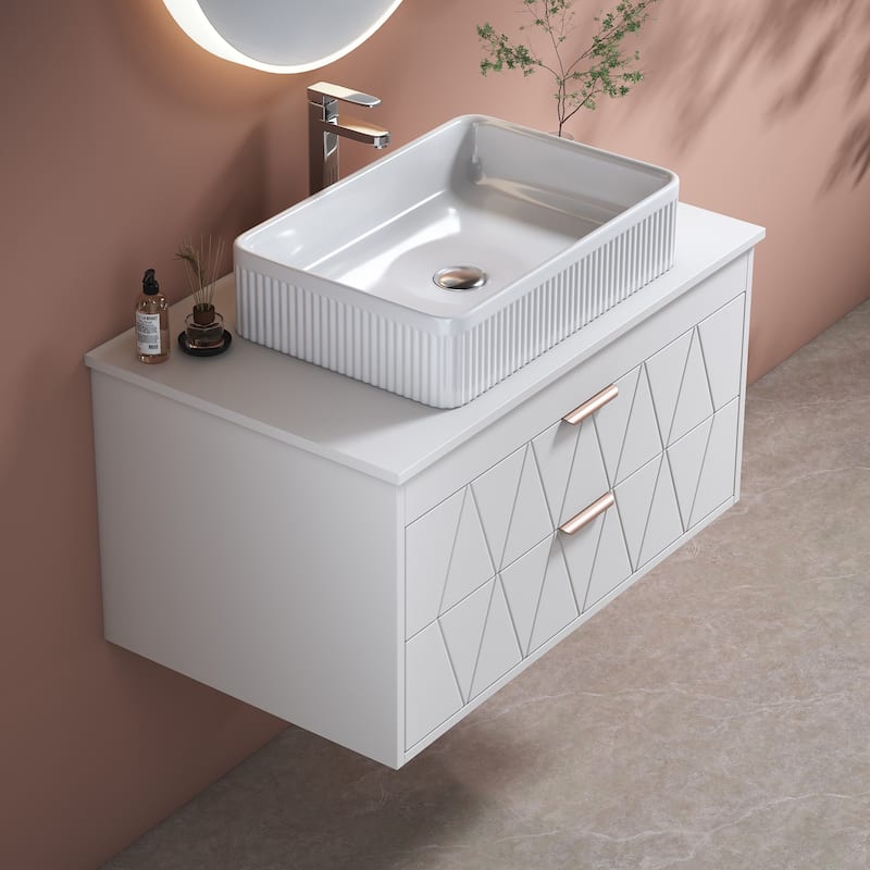 GDFStudio - Modern 31.5" Floating Wall-Mounted Bathroom Vanity with Vessel Sink, Soft-Close Drawers & Diamond-Patterned Design