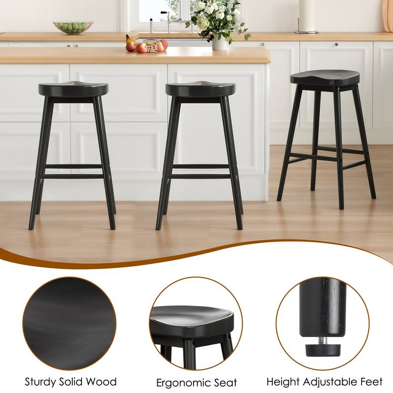 30.3" Solid Wood Bar Stools, Set of 2, Backless Saddle Seat Counter Stools with Footrests, Mid-Century Modern Bar Chairs