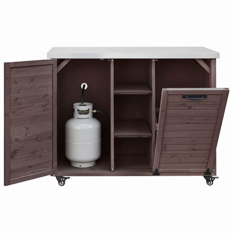 78.3" Outdoor Kitchen Island with Extendable Table, Trash Can Storage and Stainless Steel Top for BBQ Cooking