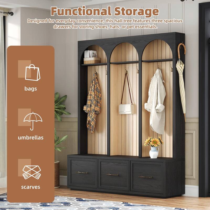 Farmhouse Wooden Style Hall Tree with Arched Design