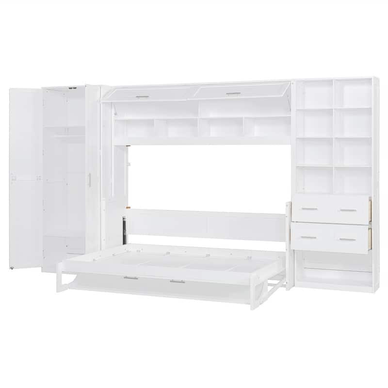Full/Queen Size Murphy Bed Wall Bed with Closet, 2 Drawers and Storage Shelves, Folding Murphy Cabinet Bed with Top Cabinet