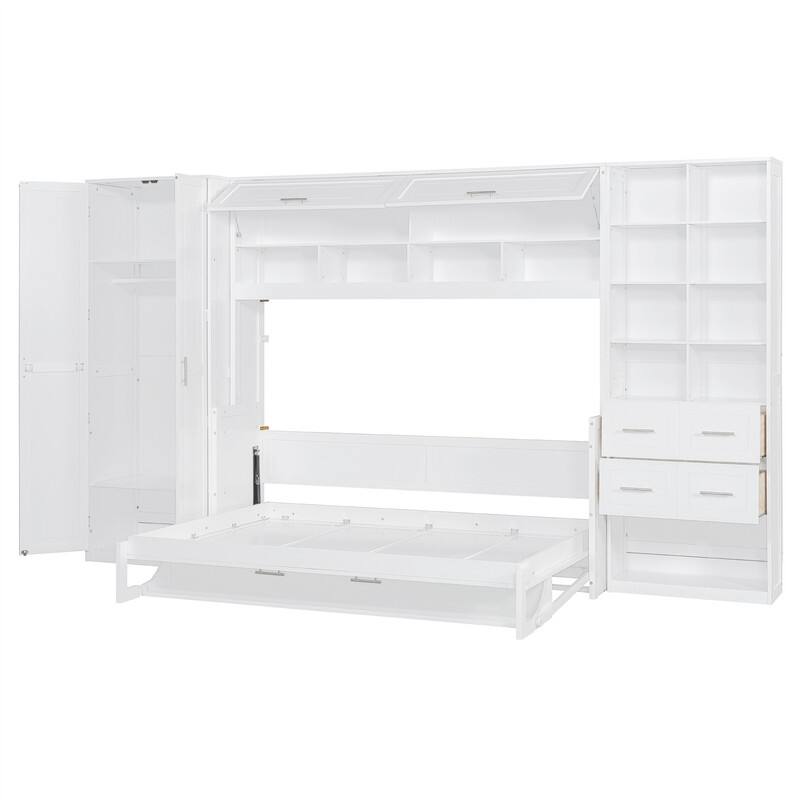 Full/Queen Size Murphy Wall Bed with Closet and 2 Storage Drawers, Space Saving Foldable Murphy Cabinet Bed with Storage Shelves