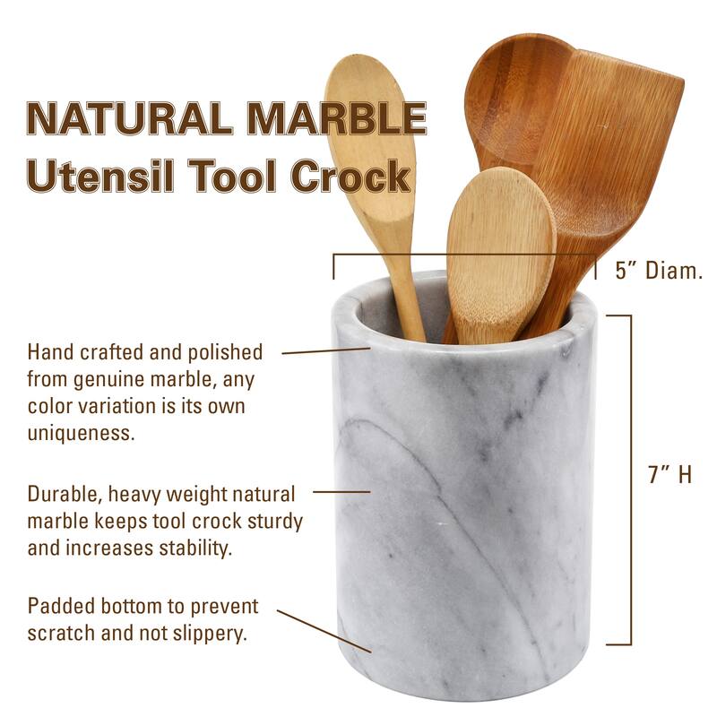 Creative Home Natural Off-White Marble Multi-Functional Tool Crock, Utensil Holder, Counter Top Organizer, 5" Diam. x 7" H