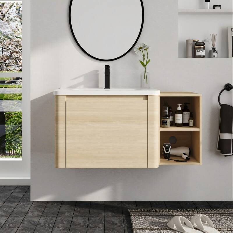 Malwee 28"/40"/52"/68" Floating Bathroom Vanity, Wall Mounted Bathroom Vanity with Ceramic Sink,Soft Close Door and Shelf