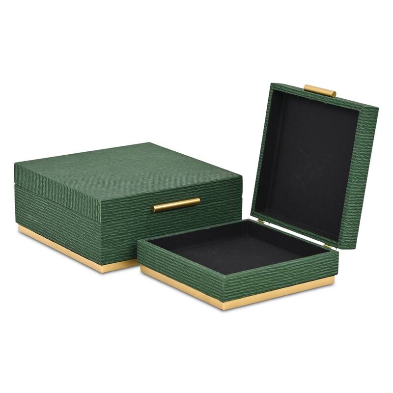 Eira Set of 2 Square Decorative Storage Boxes - Retro Stripe Pattern with Gold Hardware