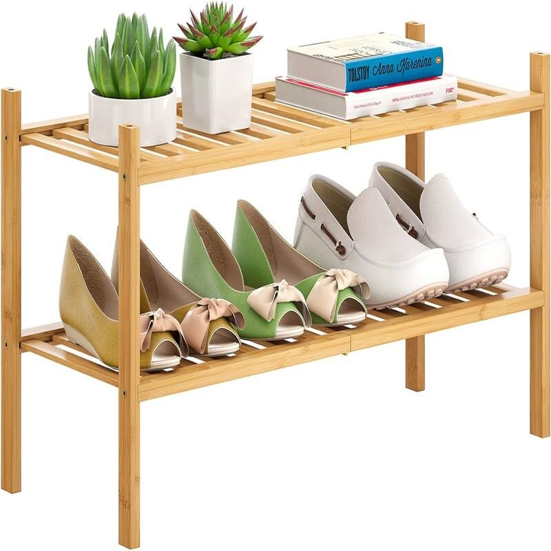 Bamboo Shoe Rack Stackable Shoe Shelf Storage Organizer for Unit Entryway - 12.6"D x 27"W x 11"H - Natural