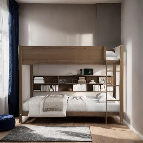slide 2 of 21, Queen over Queen Bunk Bed with Storage Cabinets and USB Ports Antique Wood