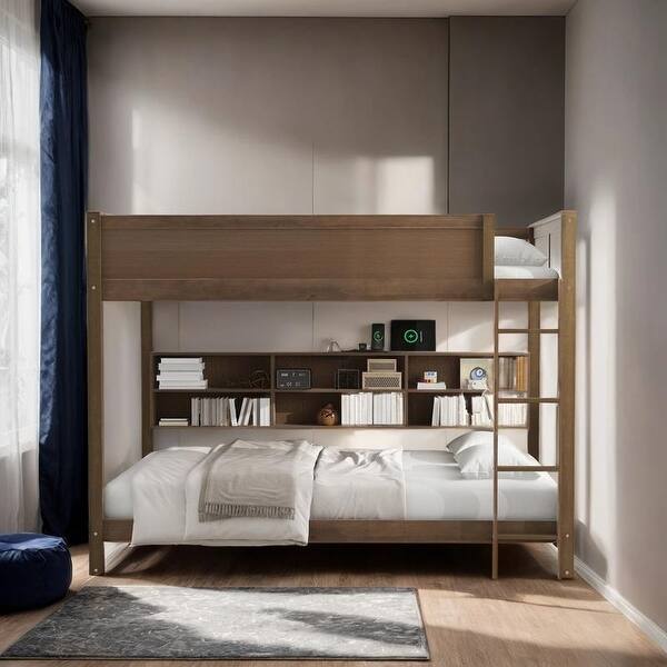 slide 2 of 12, Stylish & Simple Queen over Queen Bunk Bed with Storage Cabinets, 2 Standard Plug Outlets & 2 USB Ports, Antique Wood Antique Wood