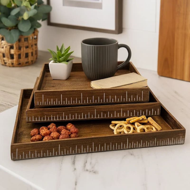 Rough Sawn Textured Rectangular Wooden Ruler Tray, Set of 3, Brown