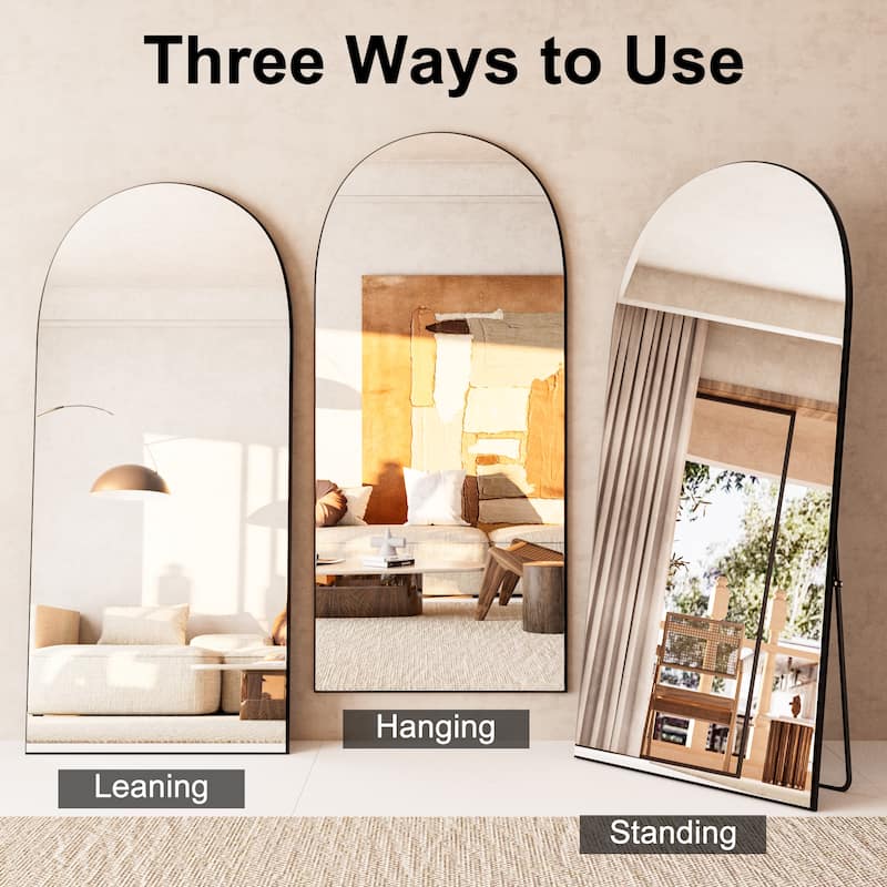 Classic Wood Arched Full Length Mirror with Stand, Floor Mirror