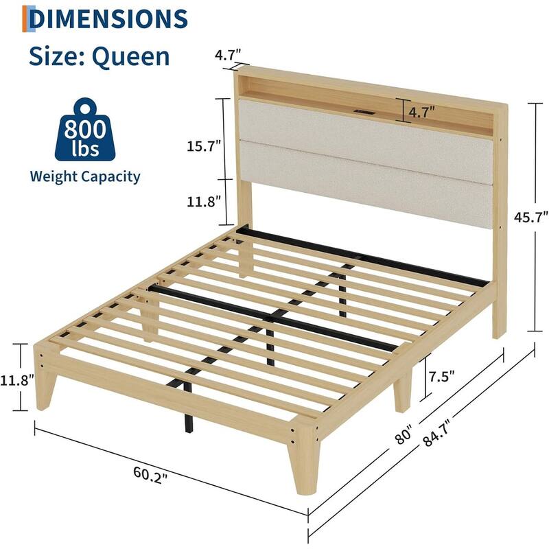 Bed Frame with LED Light, Storage Headboard and Charging Station